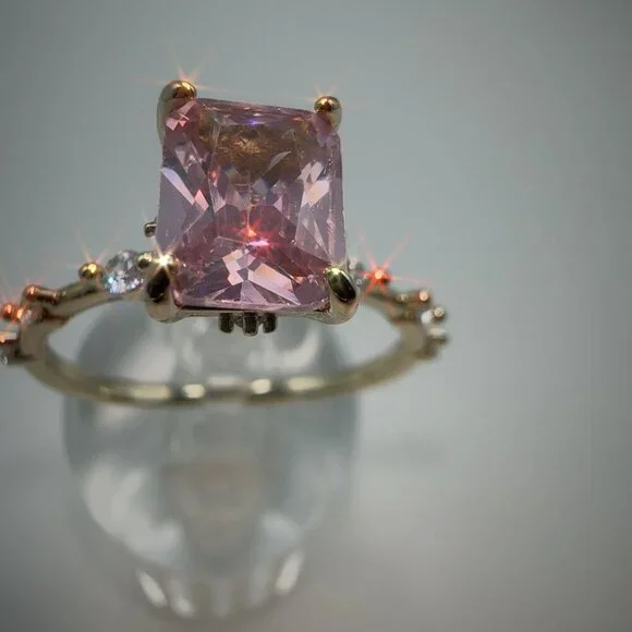 Princess Cut Pink CZ Ring Gold Plated Brass Size 7 - Picture 16 of 17